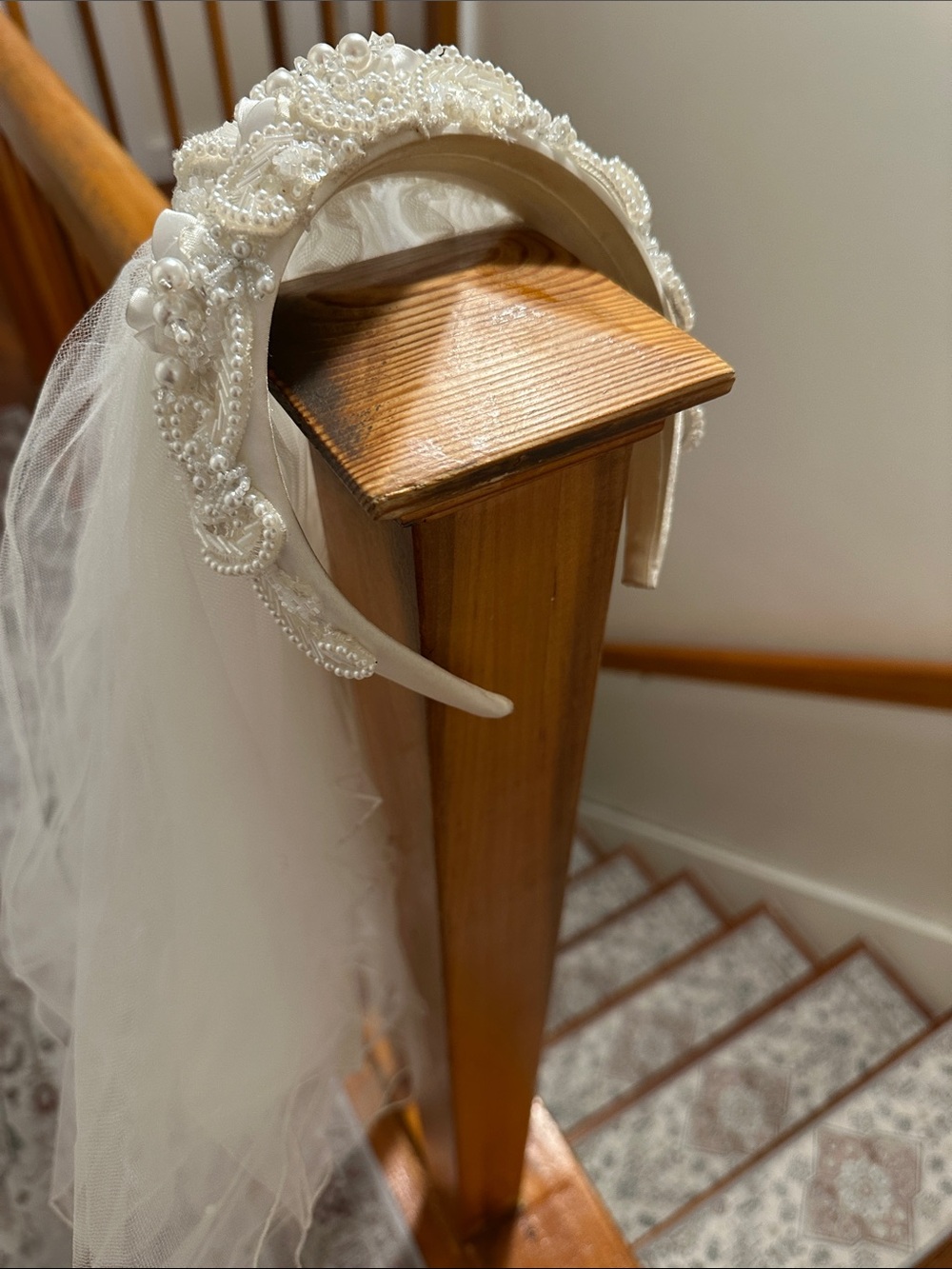 Source Unknown Ivory Beaded Tulle Veil with Pearl Trim